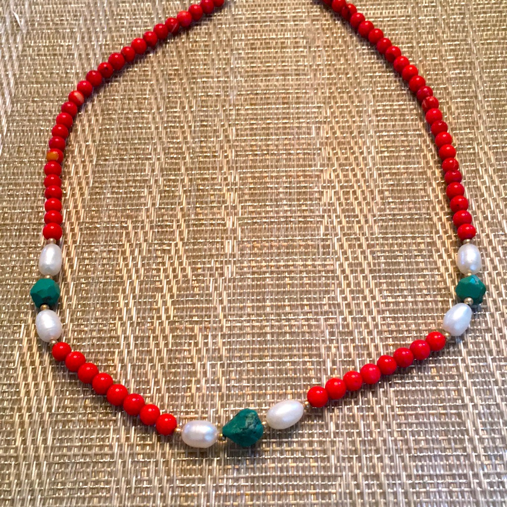 Coral Pearl And Turquoise Necklace